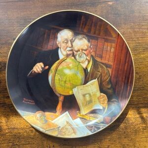 Norman Rockwell Ceramic Plate with Globe and Newspaper - Brown, Green, Gold